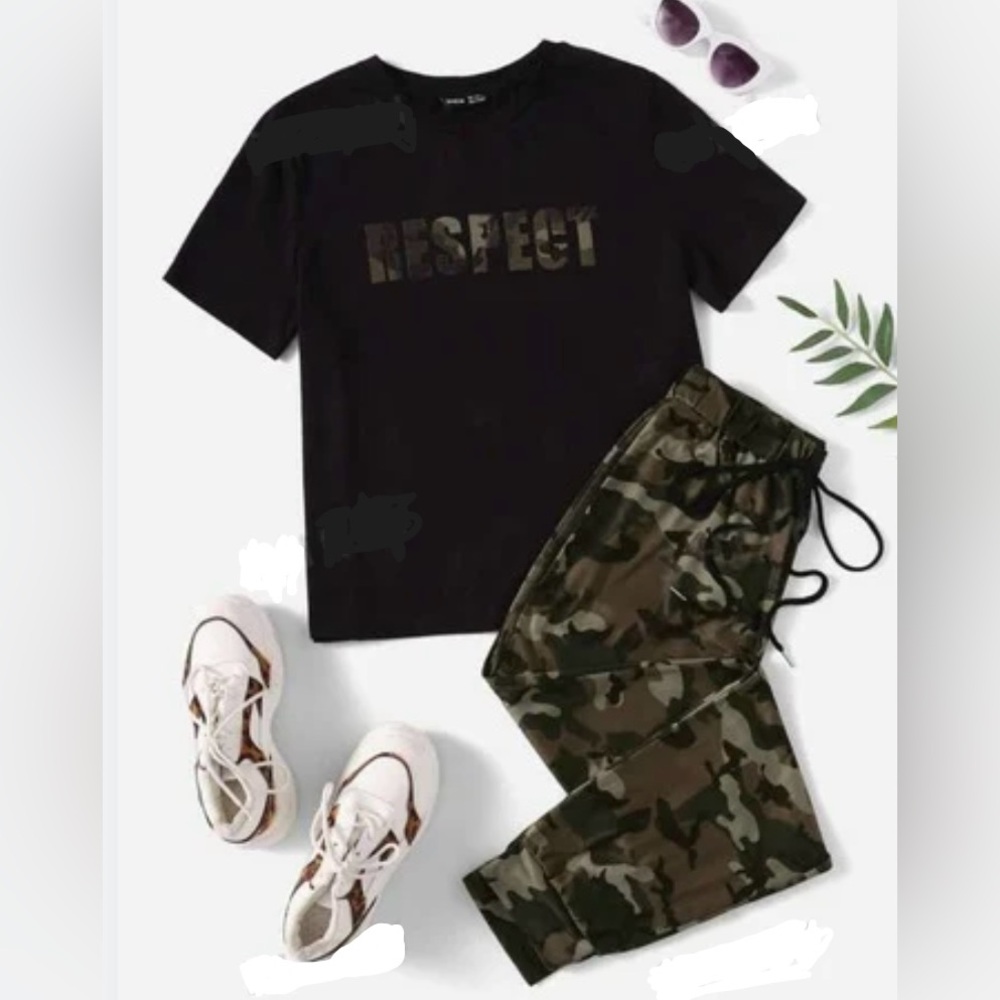 SHEIN Mulvari Letter Graphic Top & Camo Joggers Set Size 14 NWT
